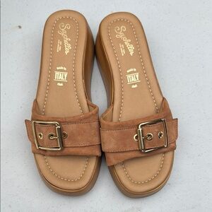 Seychelles Tan Slide Sandals with Silver Buckle